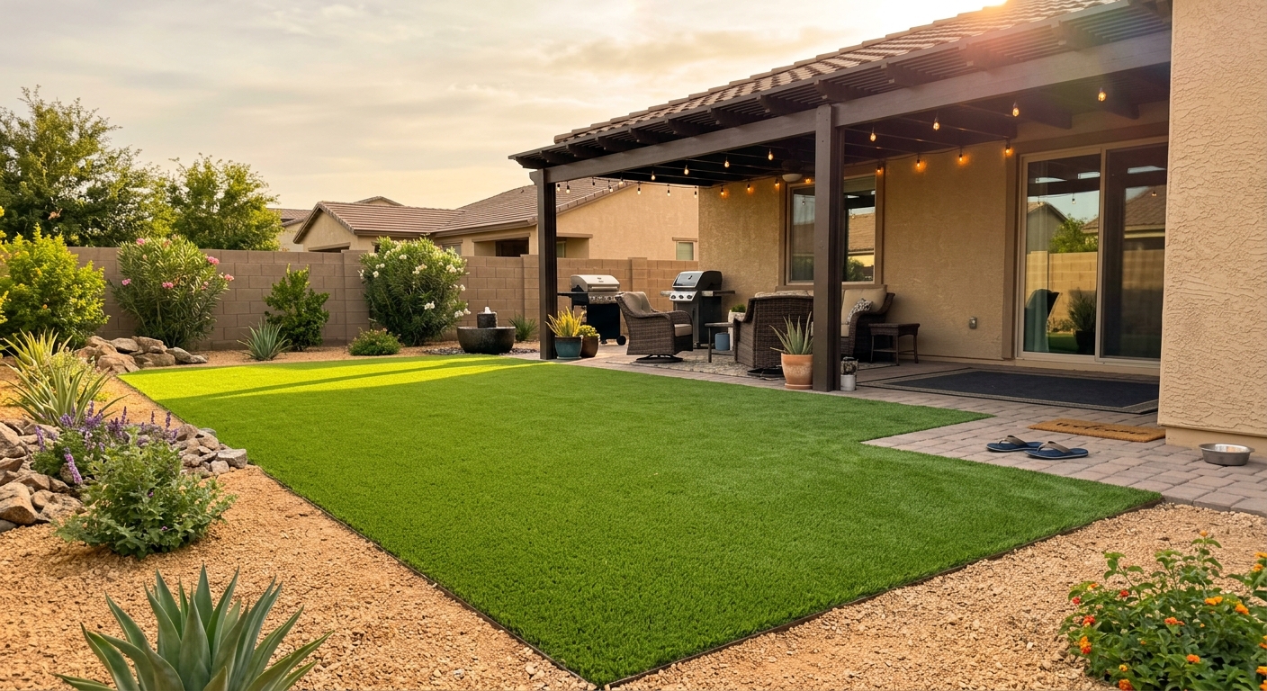 Backyard transformed with artificial turf