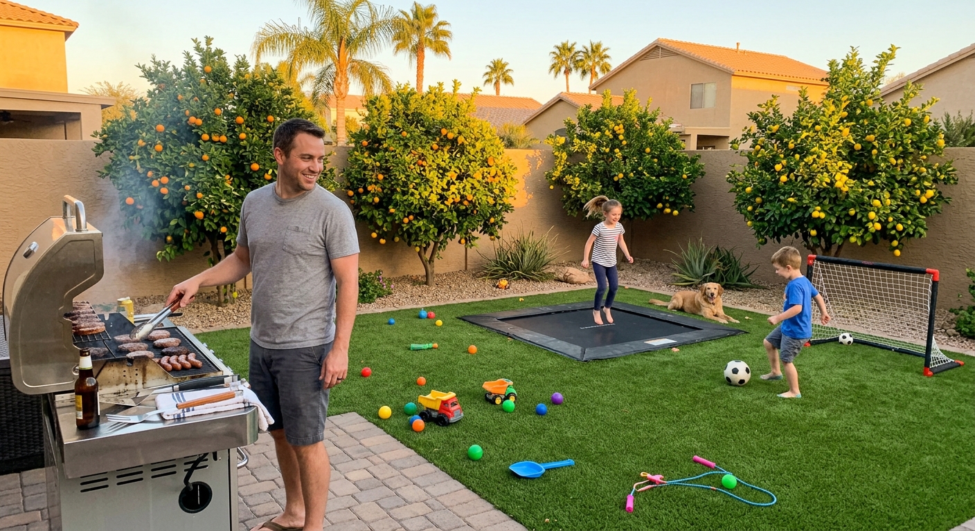 Family enjoying a freshly cleaned artificial turf backyard