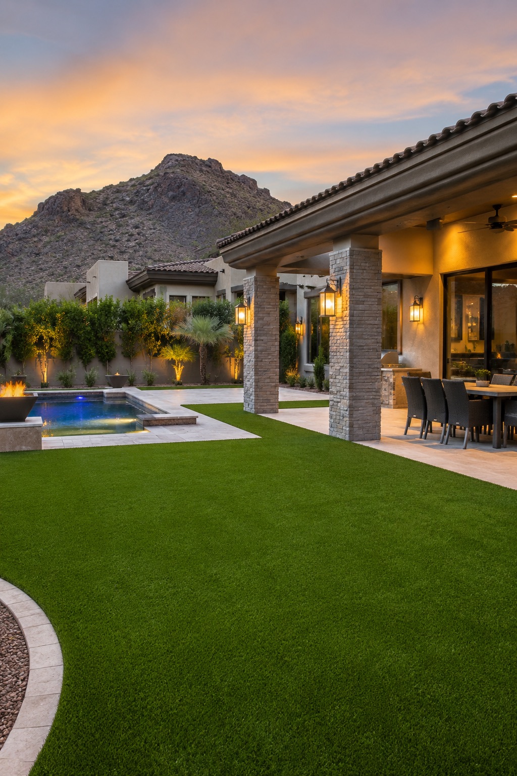 Luxury Arizona backyard with artificial turf, pool, and mountain views at sunset