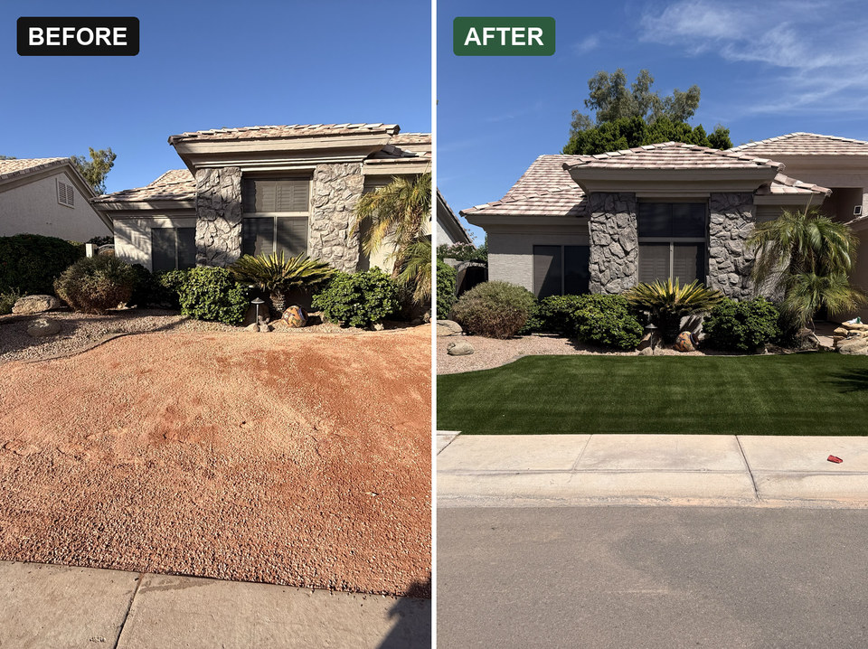 Front yard gravel replaced with artificial turf by Life Turf, before and after