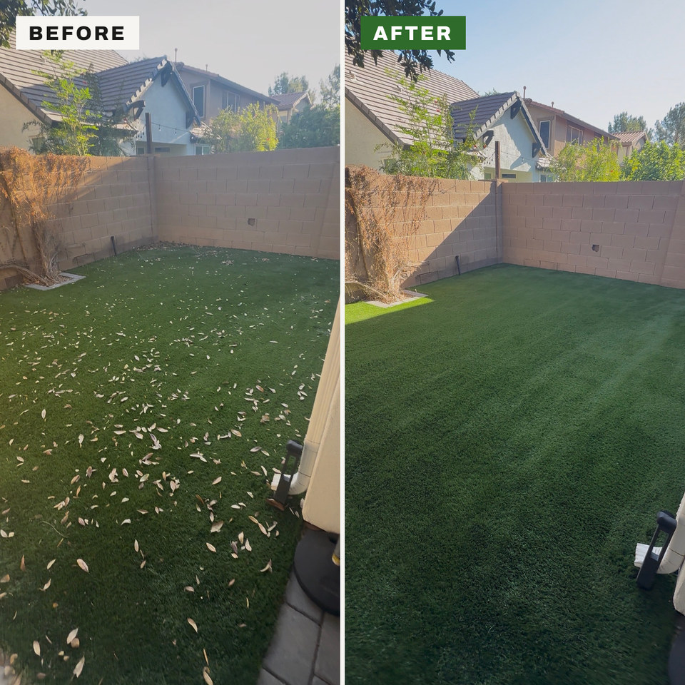 Artificial turf covered in leaves before and clean after a Life Turf cleaning in Arizona